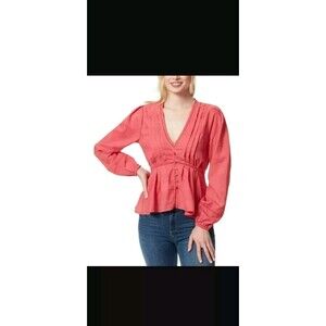 Jessica Simpson Womens Sz S Miranda Balloon Sleeve Plunge-Neck Button-Down Top